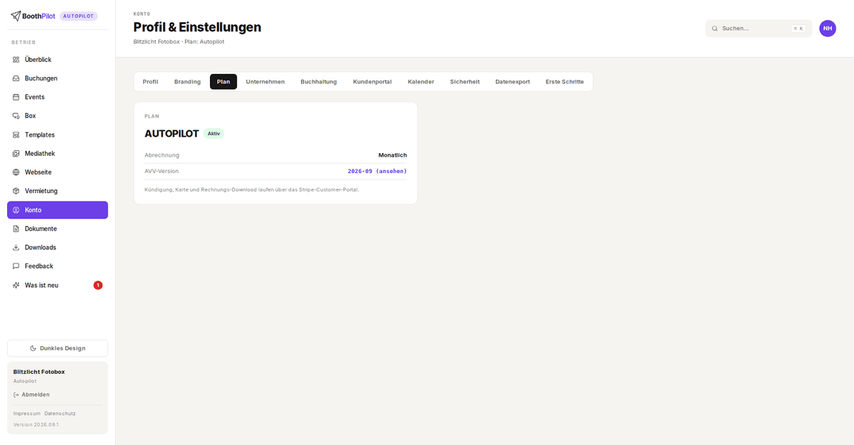Konto → Plan: aktueller Plan, Abrechnungsrhythmus und AVV-Version