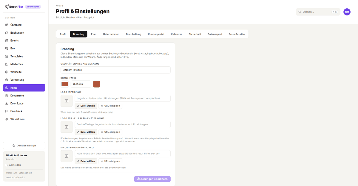 Konto → Branding: Geschäftsname, Brand-Farbe, Logo, Logo für helle Flächen und Favoriten-Icon