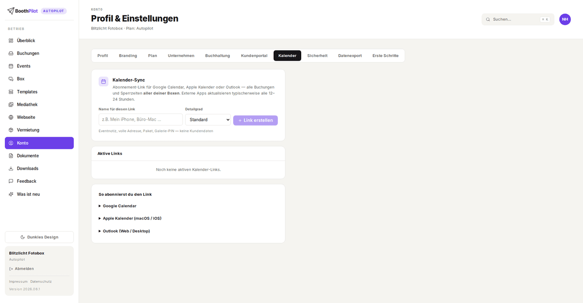 Konto → Kalender: Link mit Name und Detailgrad erstellen, darunter die Anleitungen für Google, Apple und Outlook