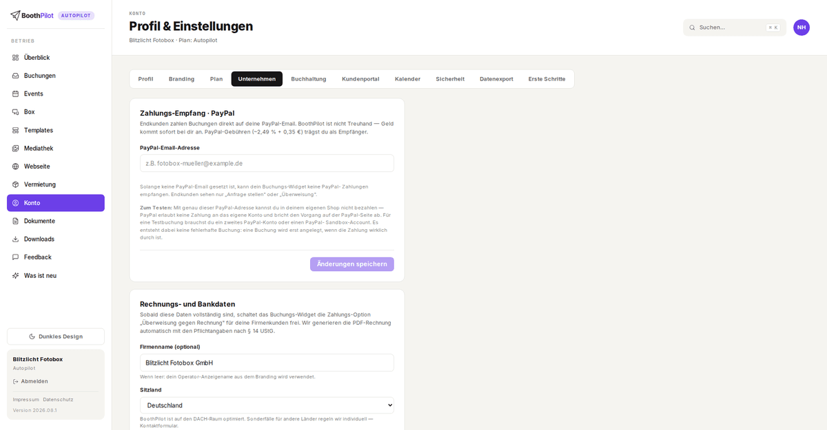 Konto → Unternehmen: PayPal-Adresse und Rechnungs-/Bankdaten für die Zahlarten deiner Kunden
