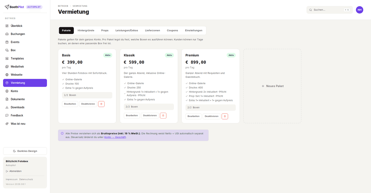 Pakete im BoothPilot-Dashboard anlegen und bearbeiten