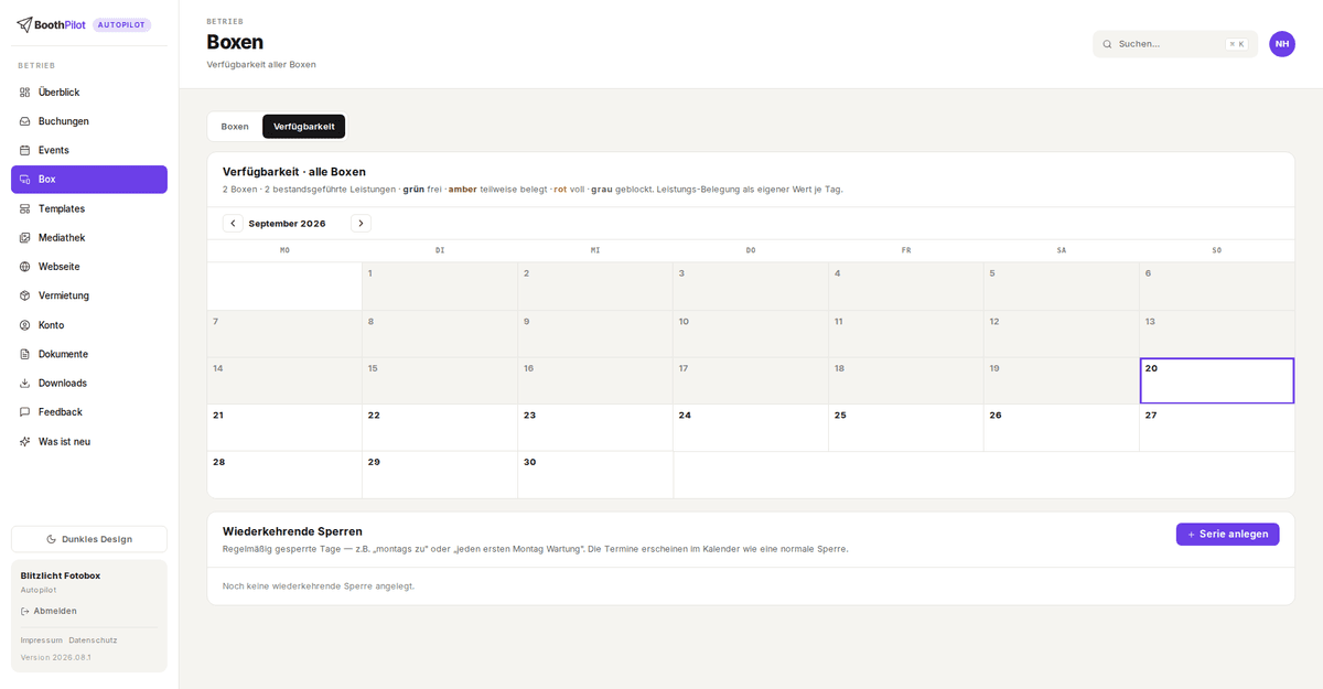 Box → Verfügbarkeit: Monats-Kalender über alle Boxen, darunter die wiederkehrenden Sperren
