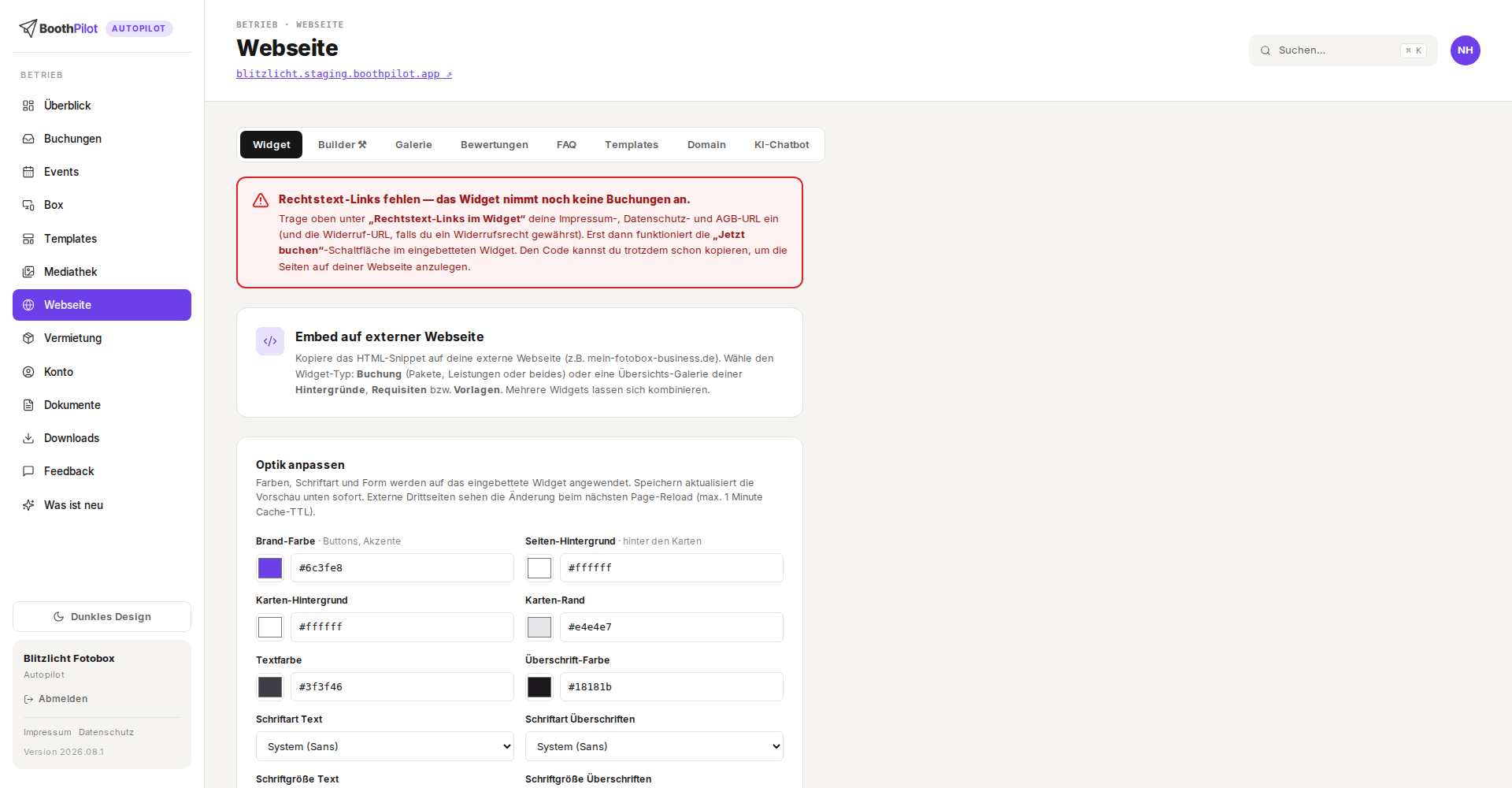 Webseite → Widget: Einbettungs-Code, Optik-Einstellungen und der rote Hinweis, solange Rechtstext-Links fehlen