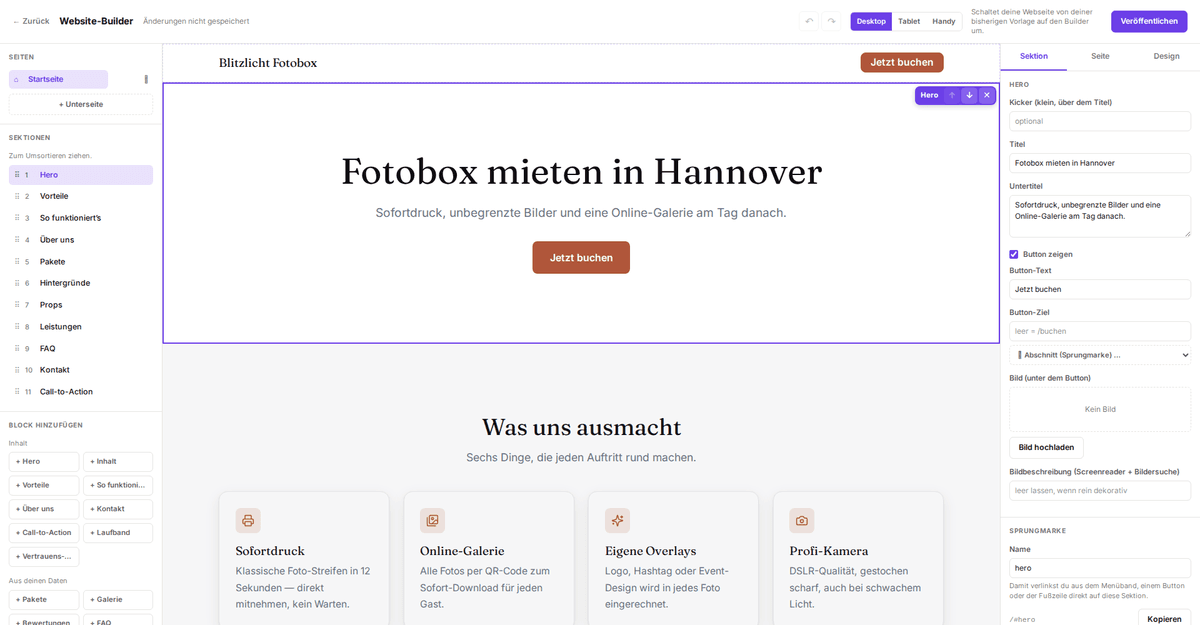 Der Website-Builder: links Seiten und Abschnitte, in der Mitte die Vorschau, rechts die Einstellungen zum angeklickten Element