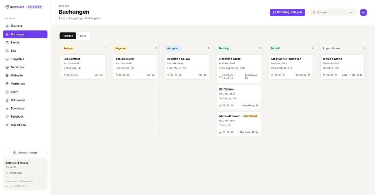Buchungen als Kanban-Brett im BoothPilot-Dashboard