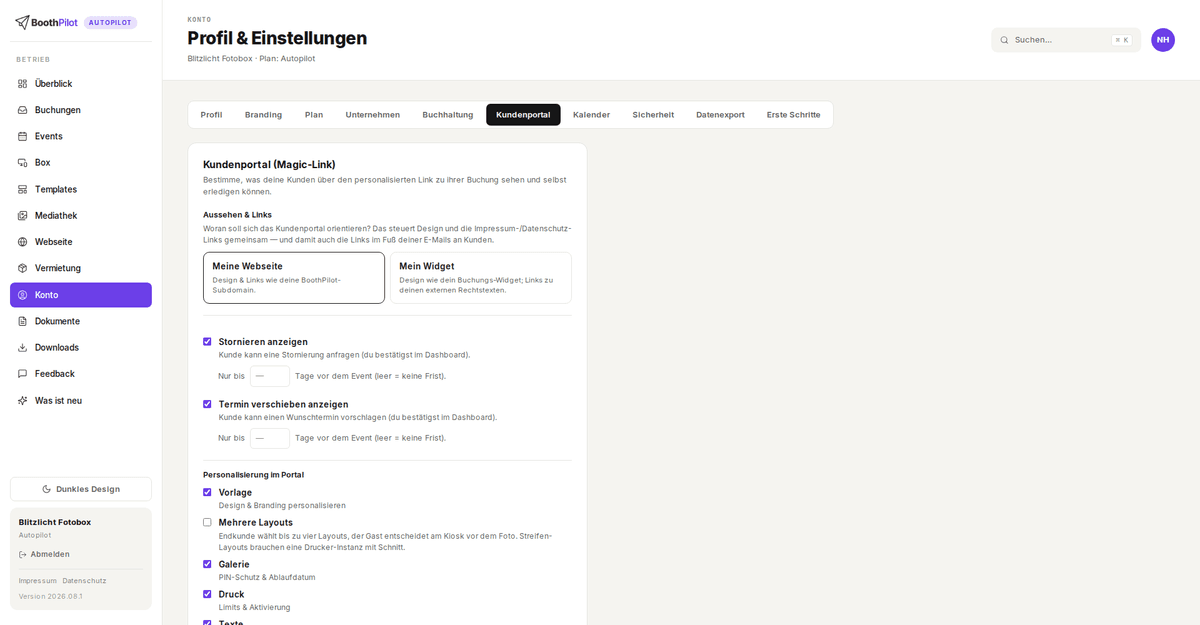 Konto → Kundenportal: Aussehen & Links, Stornieren und Verschieben mit Frist, Personalisierungs-Module