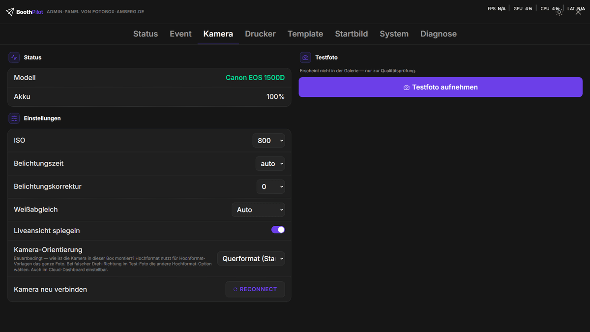 Kamera-Tab im Admin-Panel mit erkanntem Modell und Akkustand