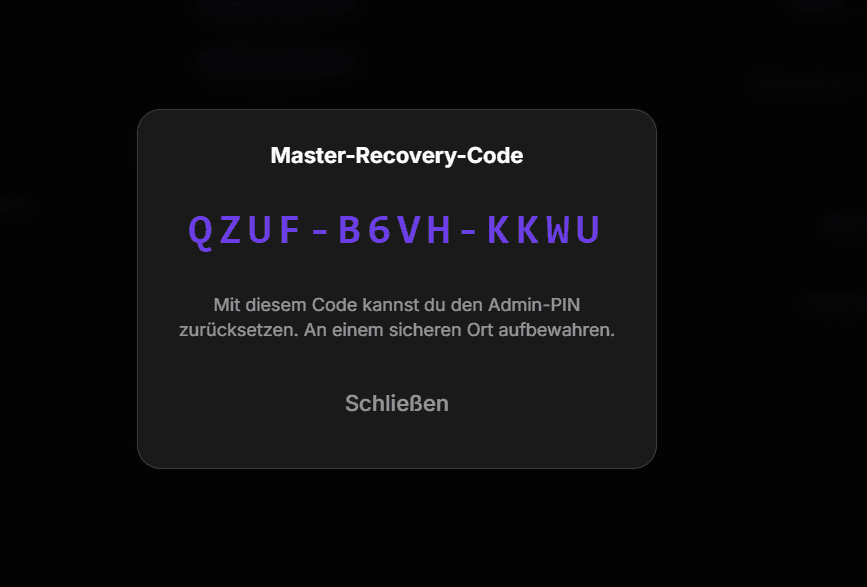 Die Box zeigt den 12-stelligen Recovery-Code zum Sichern
