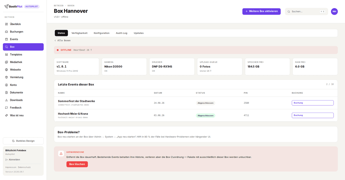 Box-Detail, Tab Status: Software, Kamera, Drucker, Upload-Queue, Speicher und die letzten Events dieser Box