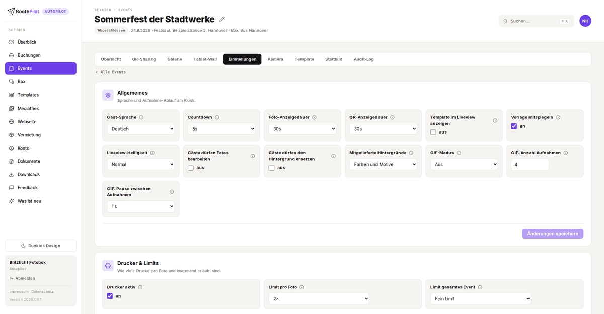 Event-Detail, Tab Einstellungen: Allgemeines (Sprache, Countdown, Anzeigedauern, GIF) und Drucker & Limits