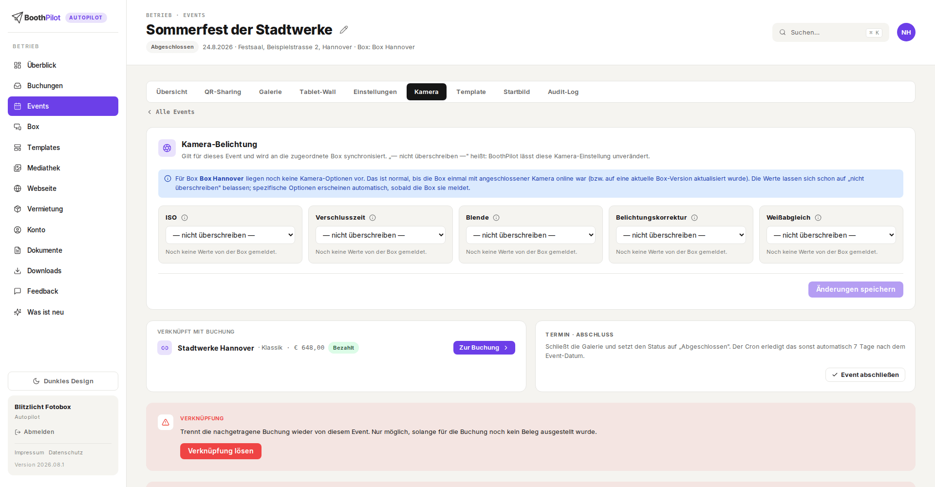 Event-Detail, Tab Kamera: Belichtung pro Event; die Auswahlwerte liefert die Box, sobald sie mit Kamera online war