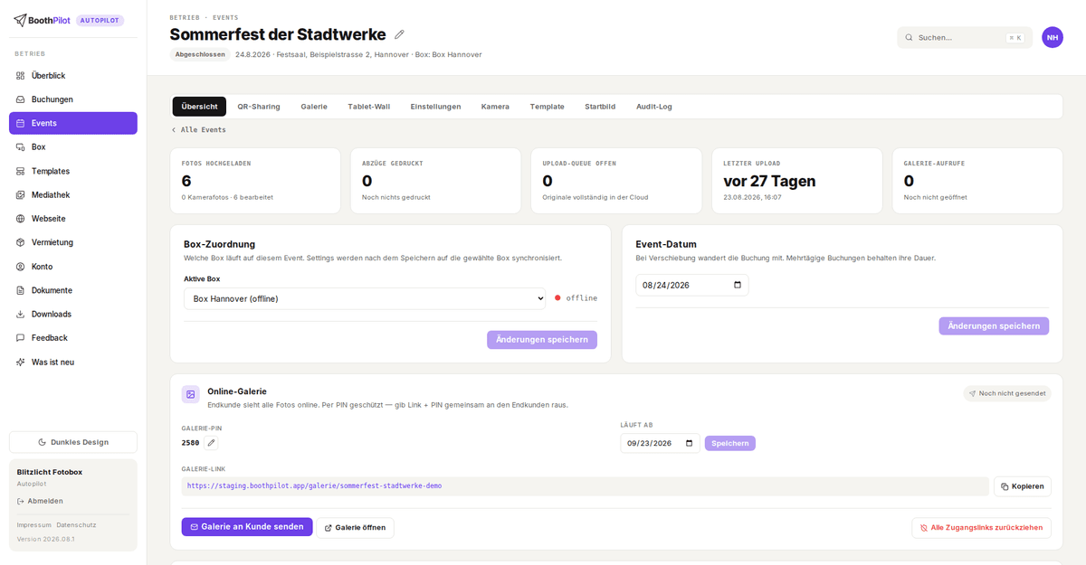 Event-Detail, Tab Übersicht: Kennzahlen, Box-Zuordnung, Event-Datum und die Online-Galerie mit PIN, Link und „Alle Zugangslinks zurückziehen“