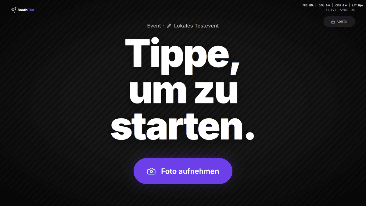 Startbildschirm der Fotobox, den Gäste zuerst sehen