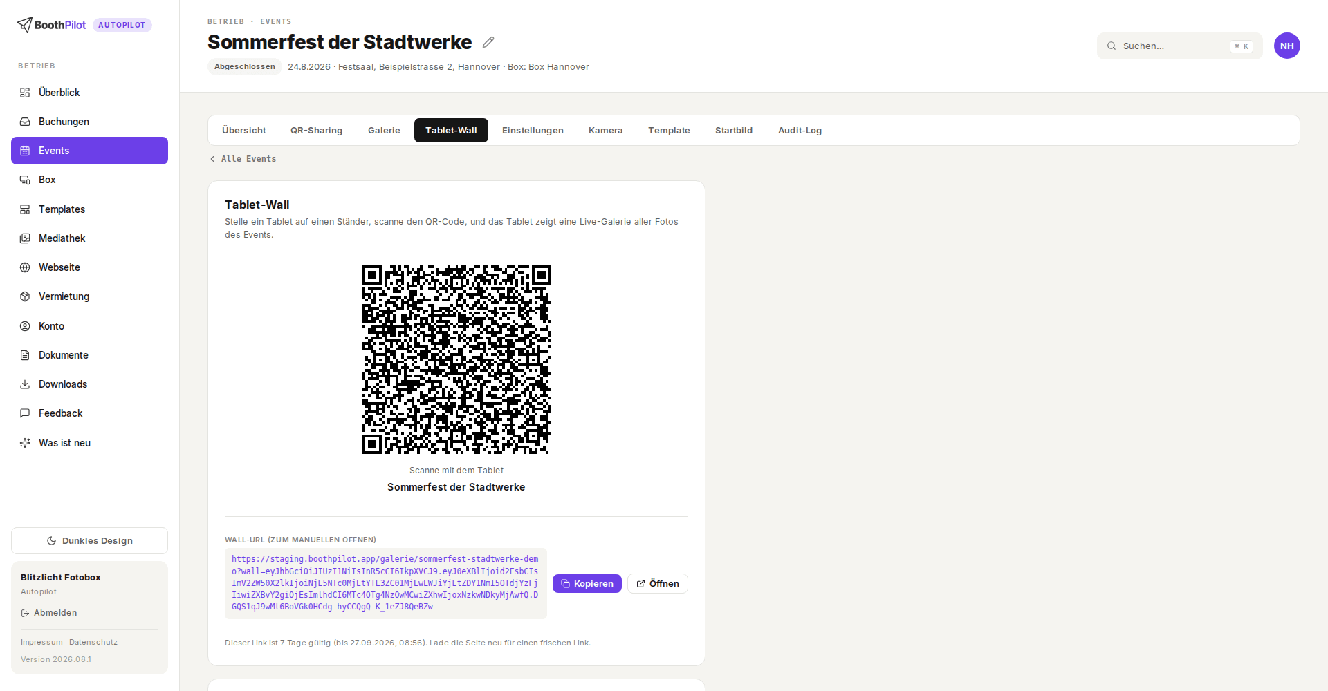 Event-Detail, Tab Tablet-Wall: QR-Code und Link für das zweite Display, sieben Tage gültig